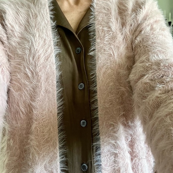 Dusty pink long cardigan fuzzy Sweater shaggy - Picture 2 of 4